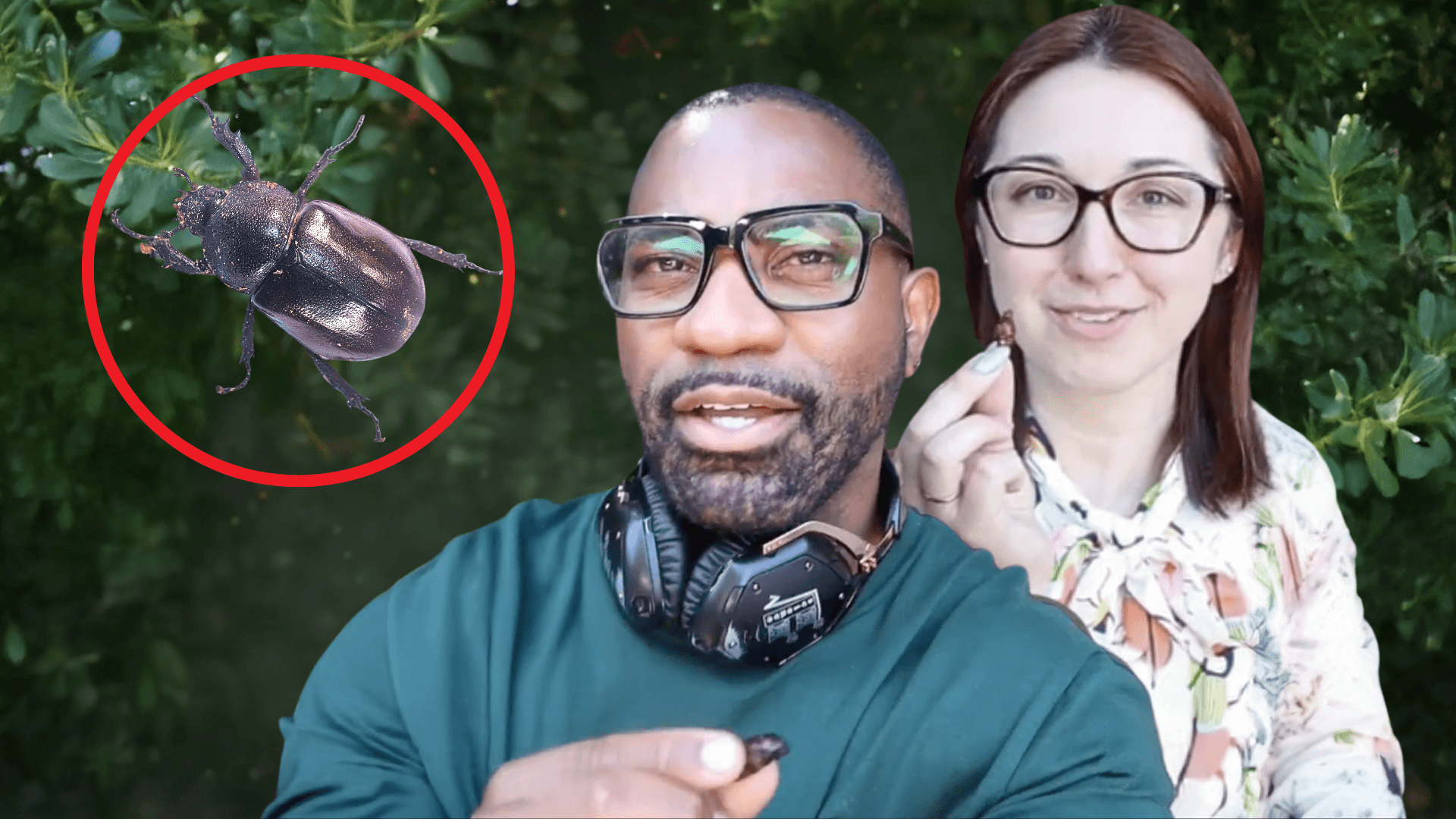 Maynard Okereke and Alex Dainis next to a bug.