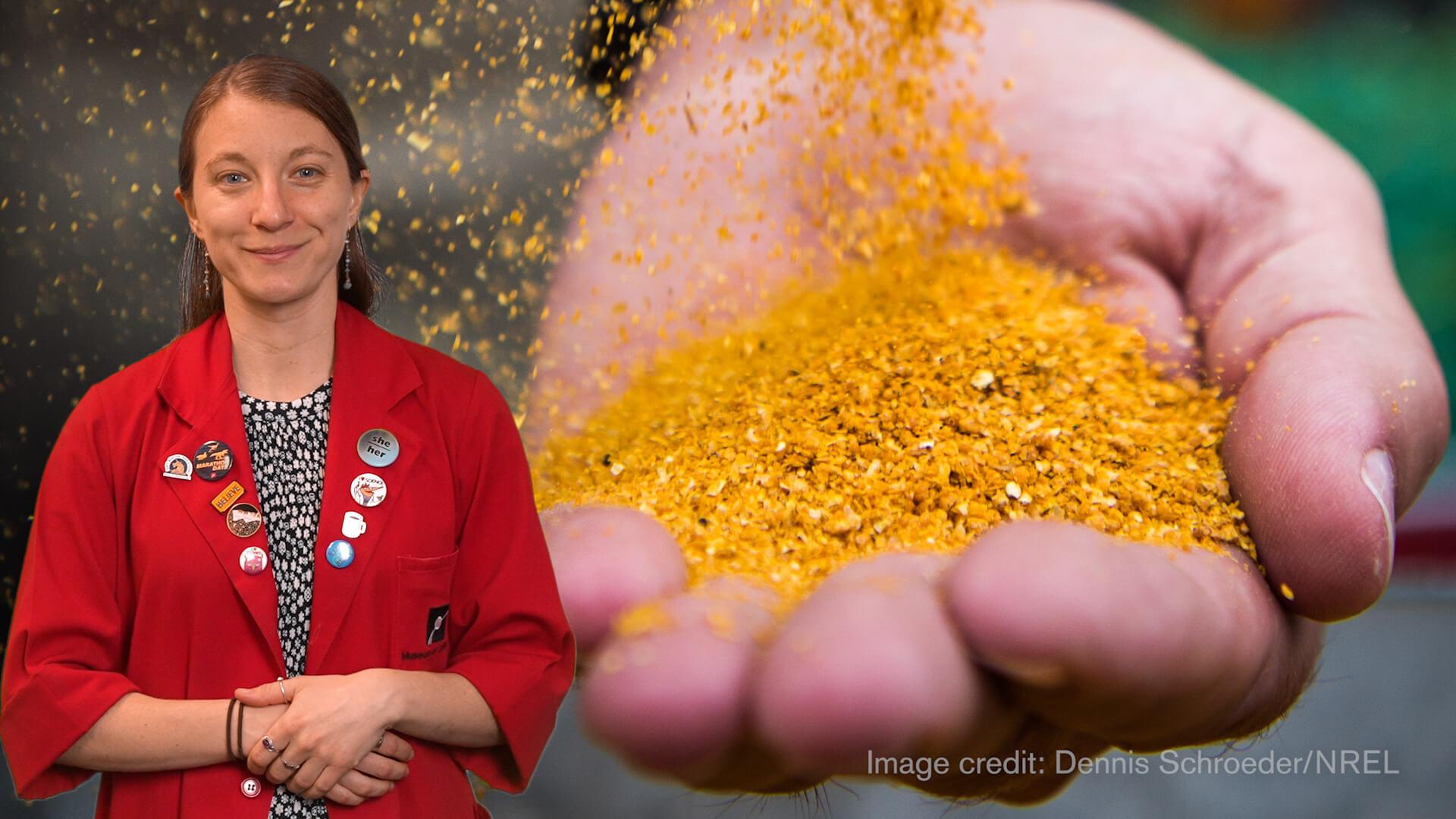 Educator Sloane in front of a hand holding ground corn