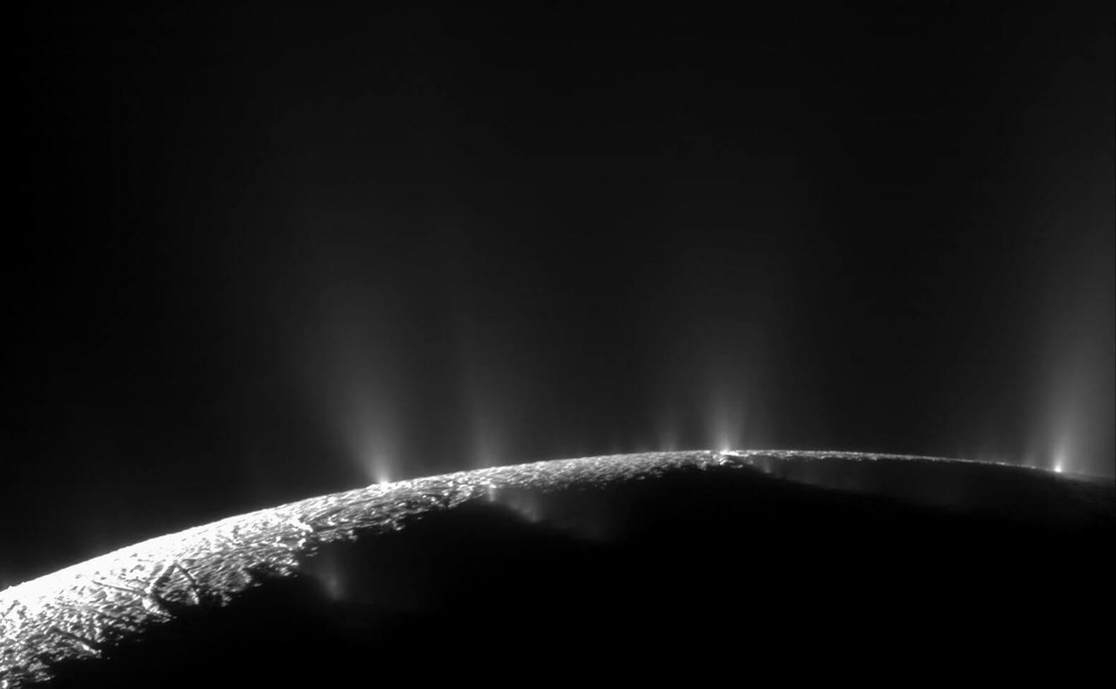 Cassini flew through these geysers erupting from the surface of the moon Enceladus. Credit: NASA/JPL/SSI