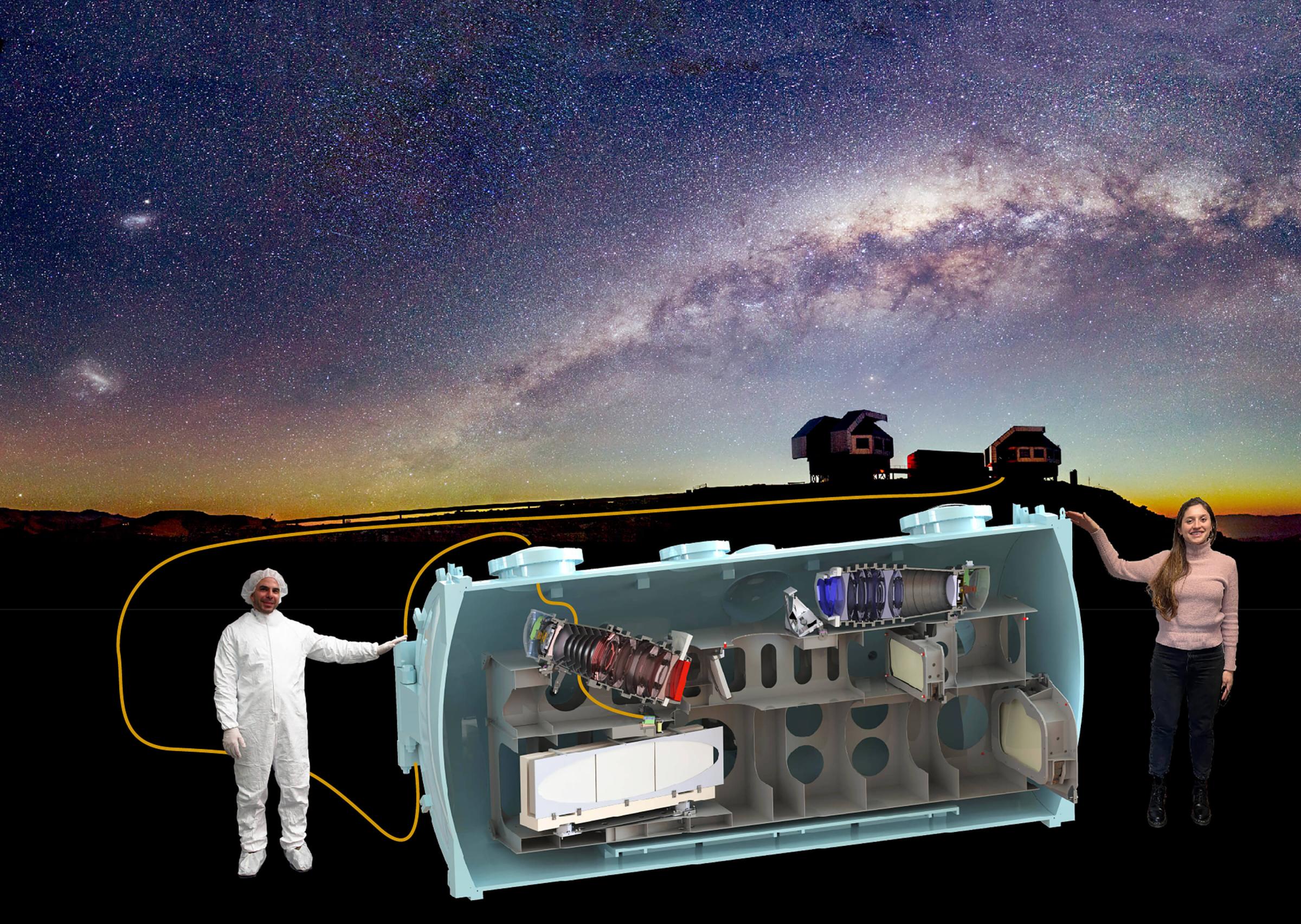 A rendering of what the insides of the G-CLEF instrument will look like, including some of Dr. Szentgyorgyi’s team members for scale. Credit: Harvard-Smithsonian Center for Astrophysics/Igor Chillingarian