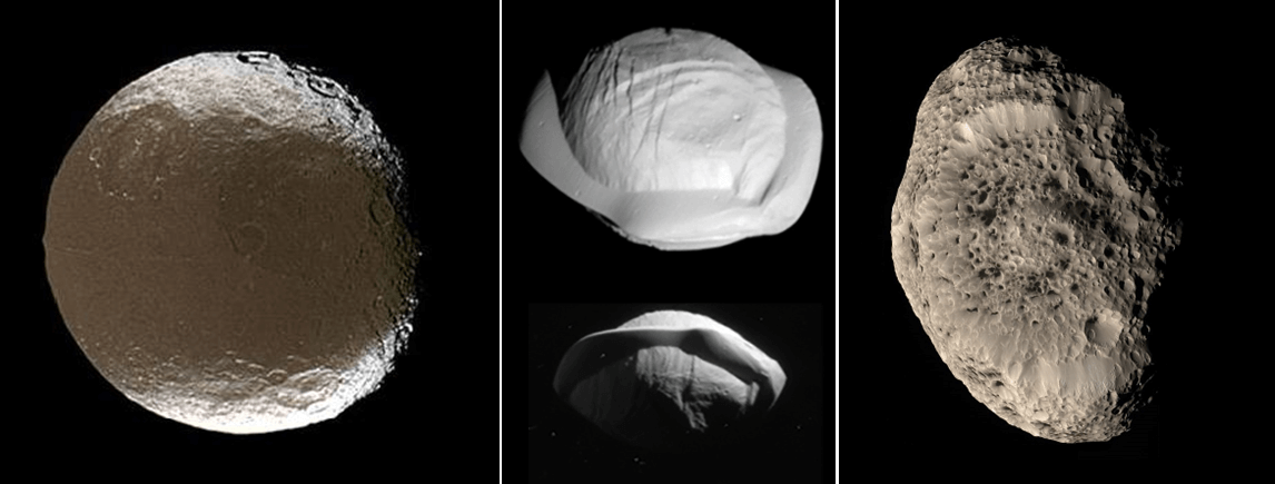 Cassini images of the two-toned moon Iapetus, two images of the ravioli-shaped moon Pan, and the spongy moon Hyperion. Credit: NASA/JPL/SSI/Gordon Ugarkovic