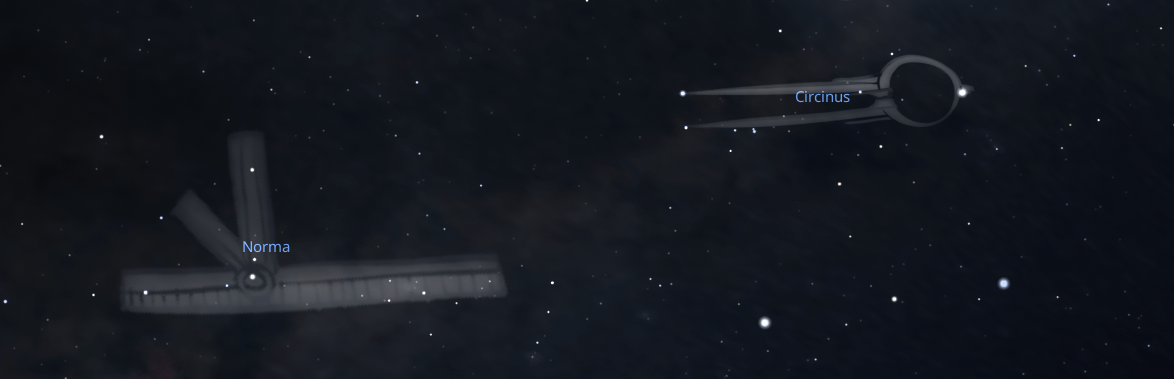 Two of Nicolas-Louis de Lacaille’s constellations. Norma represents a right angle measure while Circinus is meant to represent a mapping compass. Credit: Stellarium