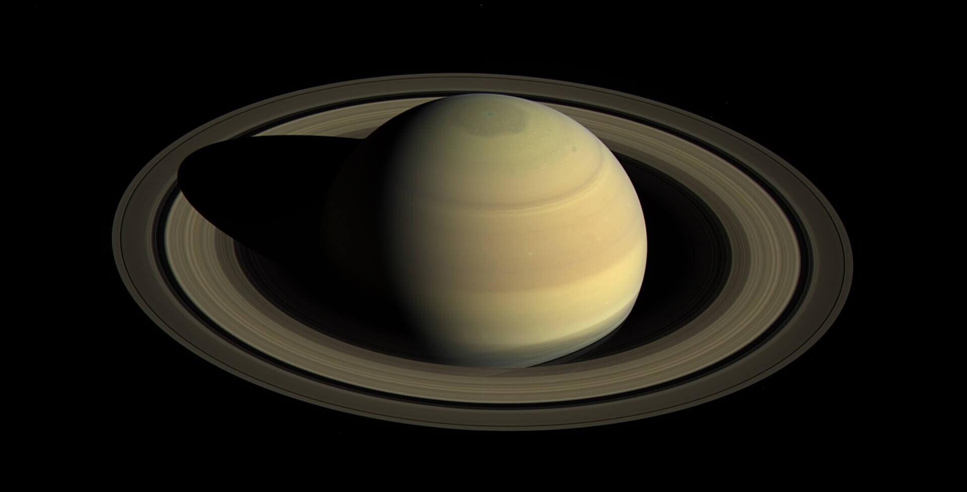 Saturn as imaged by the Cassini spacecraft from an angle we don’t get looking from Earth. Credit: NASA/JPL/SSI
