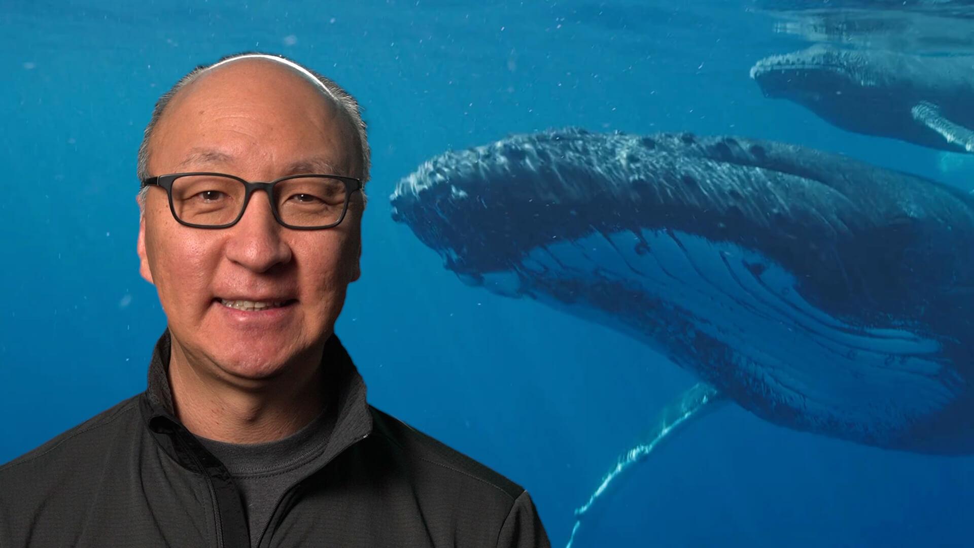 Insoo Hyun in front of a whale under the ocean.