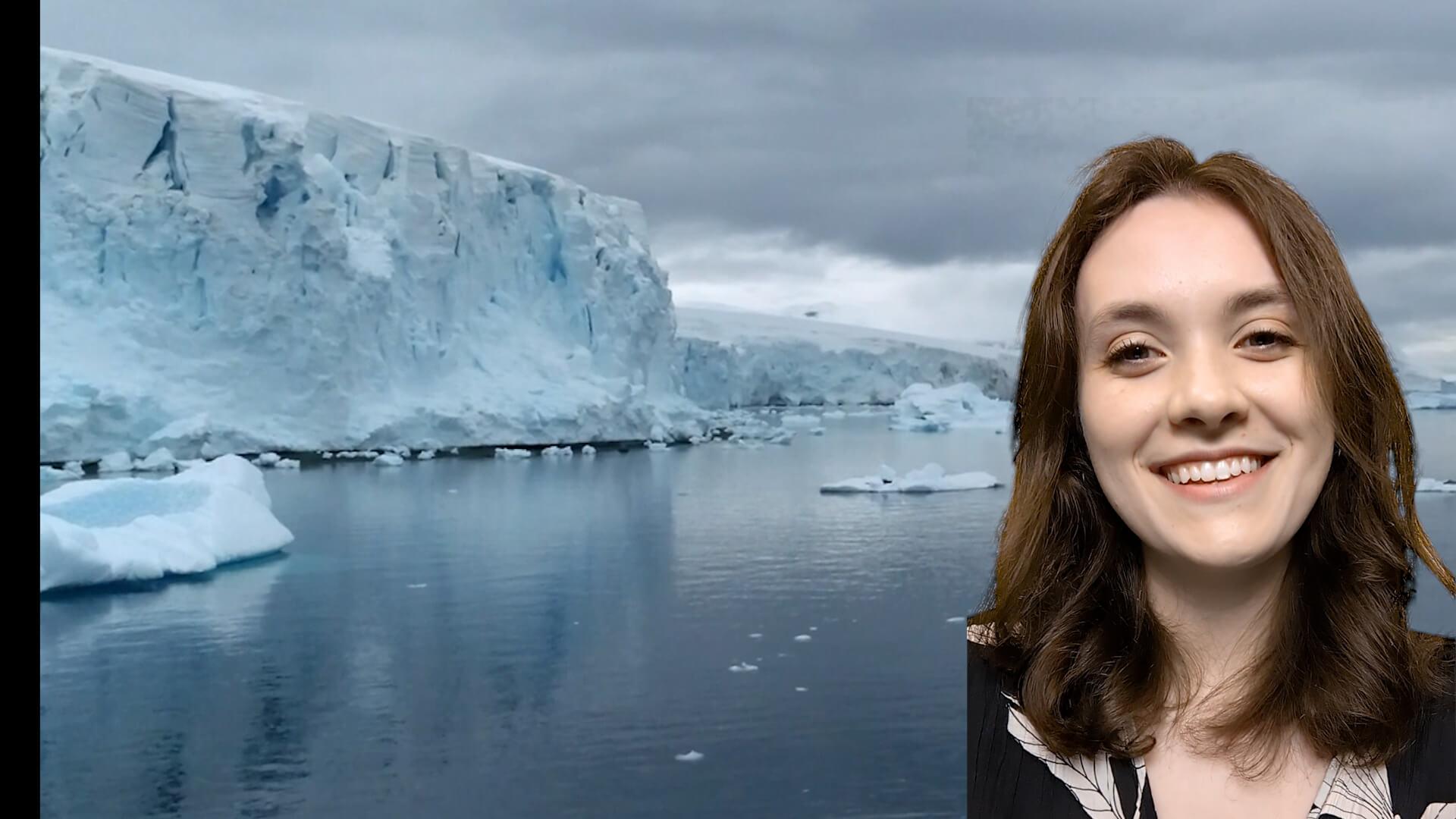 Museum Educator Eva in front of Antarctic sea ice.