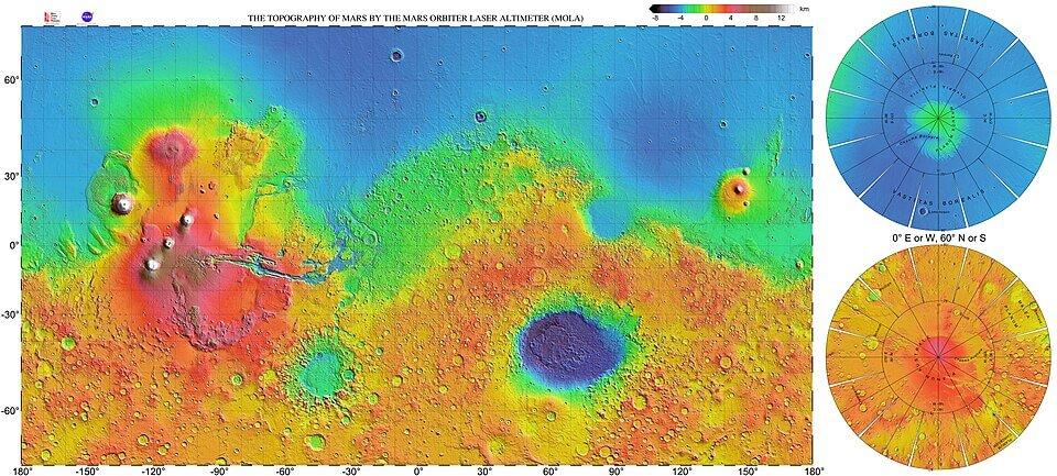 The MOLA map is a topography map, with blue representing low ground and red representing higher ground, with white representing the highest ground. Credit: NASA/JPL/USGS