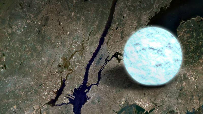 A typical neutron star next to the island of Manhattan for scale. Credit: NASA/Goddard Space Flight Center