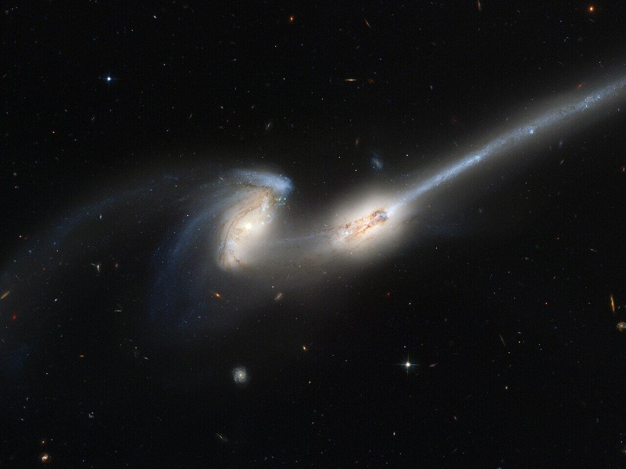 The impressive tidal tails on this pair of colliding galaxies has earned them the nickname “The Mice”. Credit: NASA/H. Ford/G. Illingworth/G. Hartig/ACS Science Team/ESA