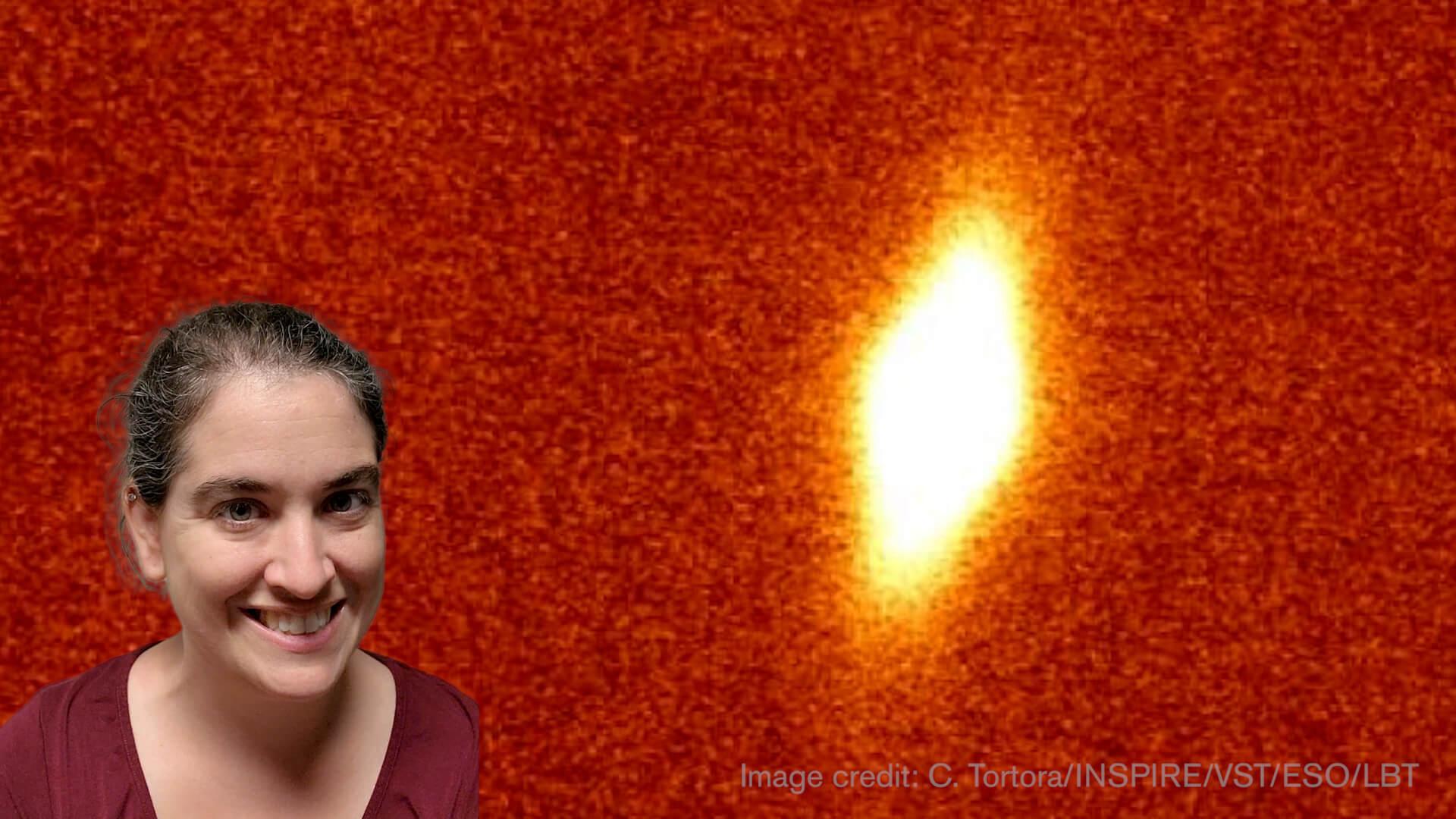 Talia in front of a photo of the Fossil Galaxy