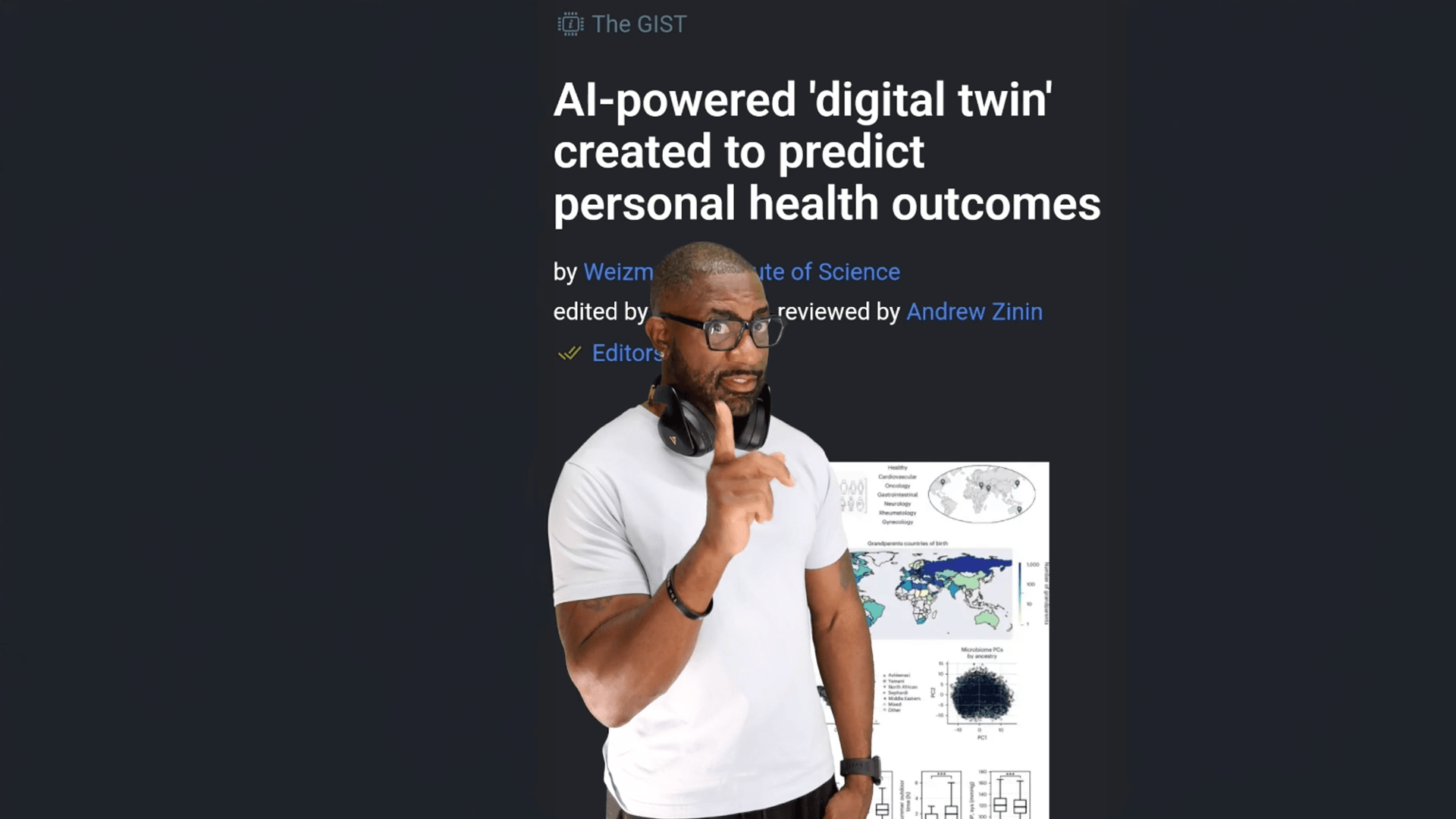 Maynard Okereke in front of a publication about an AI-powered twin.