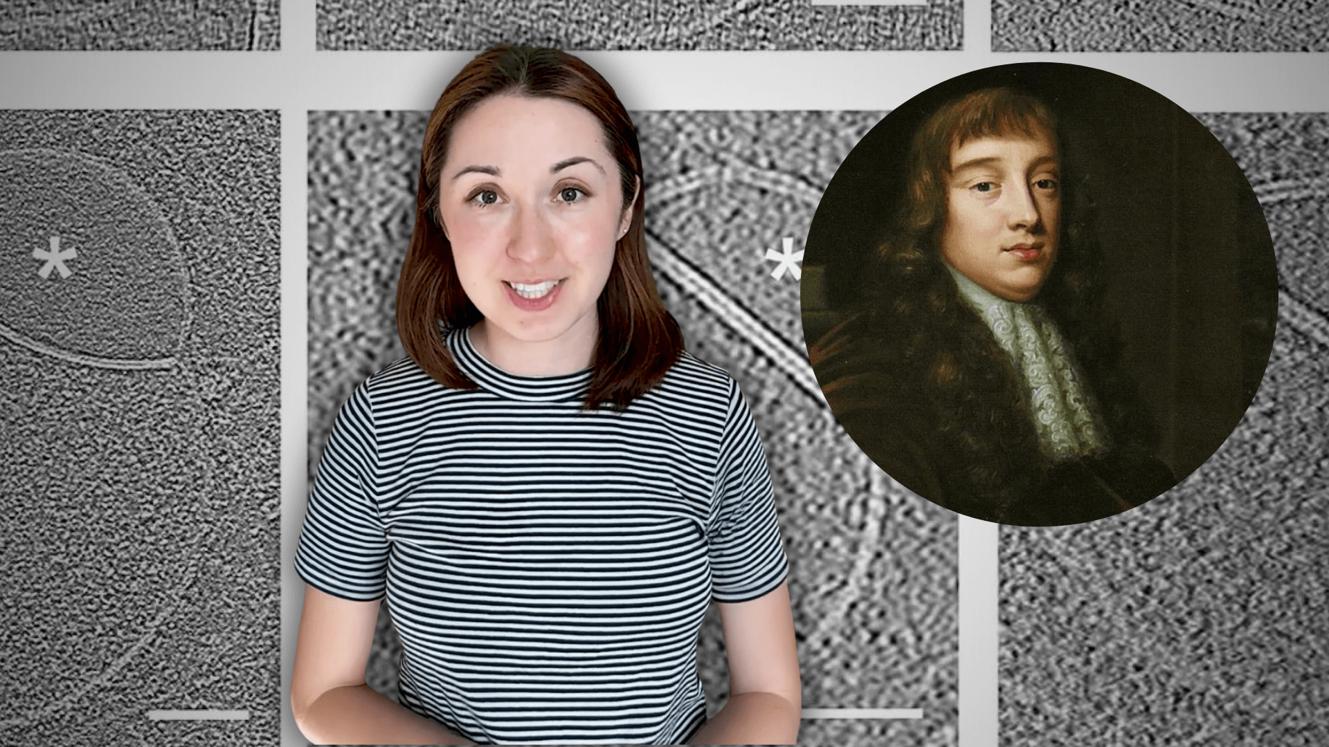 Alex Dainis in front of an image of an organelle with a call out image of Robert Hook
