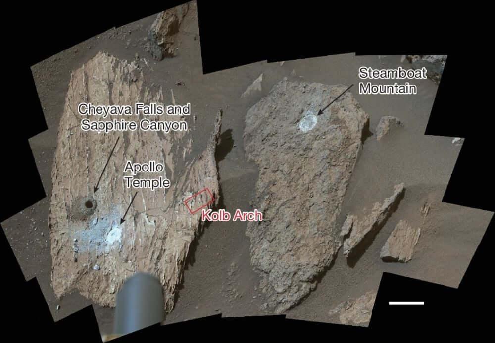 Image from Perseverance showing the spot where the sample Sapphire Canyon was taken from the rock known as Chevaya Falls. It also highlights two sites where Perseverance made abrasions in the rock to study further. Since everything on Mars has a name, these abrasions are named Steamboat Mountain and Apollo Temple. Credit: NASA/JPL-Caltech/ASU/MSSS