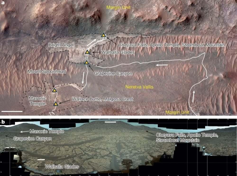 Images taken from Mars orbiters and from Perseverance on the ground showing the location of the Bright Angel formation. Credit: NASA/JPL-Caltech/ASU/MSSS