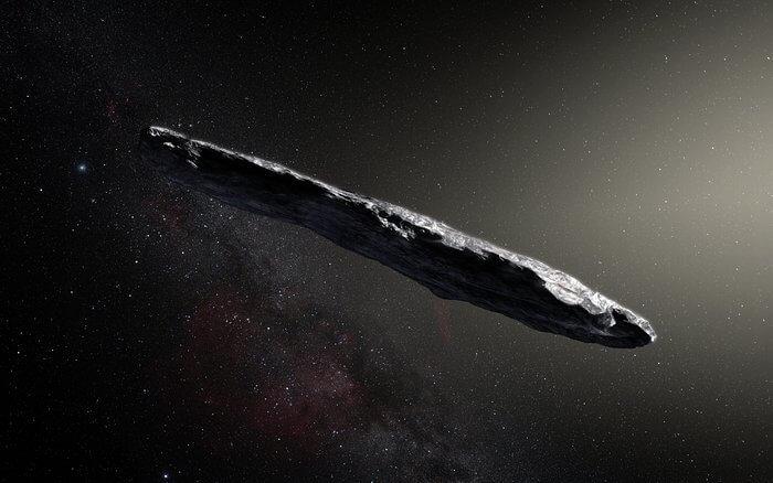An artist’s impression of 1I/’Oumuamua with its odd dimensions. Credit: ESO/M. Kommesser