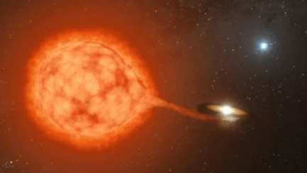 This unfortunate star being fed on by a white dwarf may have been pushed into position by a gravitational interaction with the star in the background. Credit: Caltech/R. Hurt