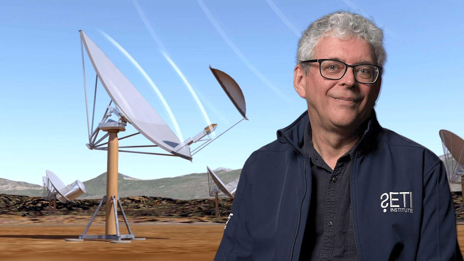 Simon Steel in front of the SETI Institute satellites.
