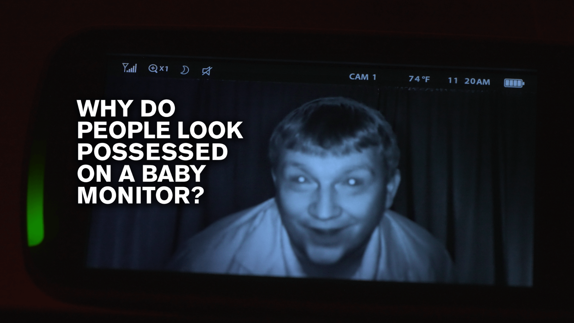 Educator Eric smiling in blue infrared light with white text reading "Why do people look possessed on a baby monitor?"