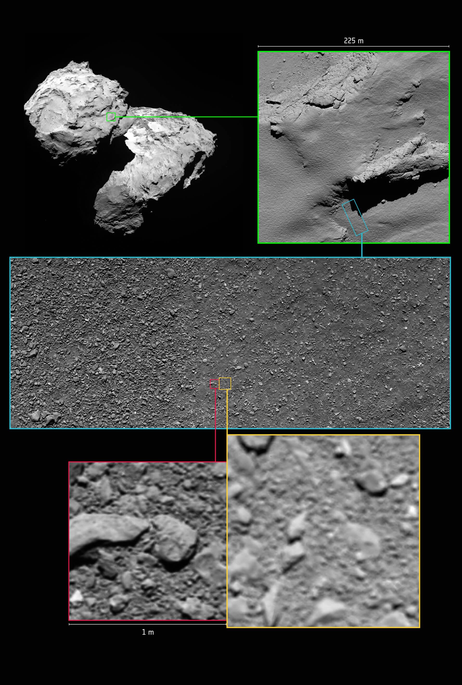 A sequence of Rosetta’s final images, including the last one it ever took, in its descent to the comet’s surface. Credti: ESA/Rosetta/MPS for OSIRIS Team MPS/UPD/LAM/IAA/SSO/INTA/UPM/DASP/IDA