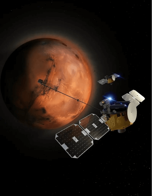 Artist’s illustration of the twin ESCAPADE spacecraft in orbit around Mars. Credit: Rocket Lab USA/UC Berkeley