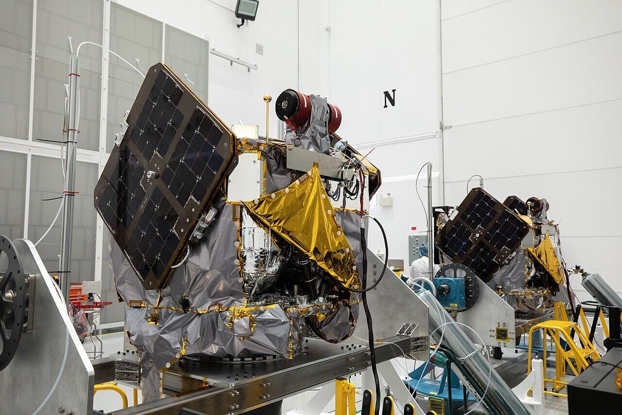 The twin ESCAPADE spacecraft, nicknamed Blue and Gold. Credit: NASA Kennedy Space Center/Kim Shiflett