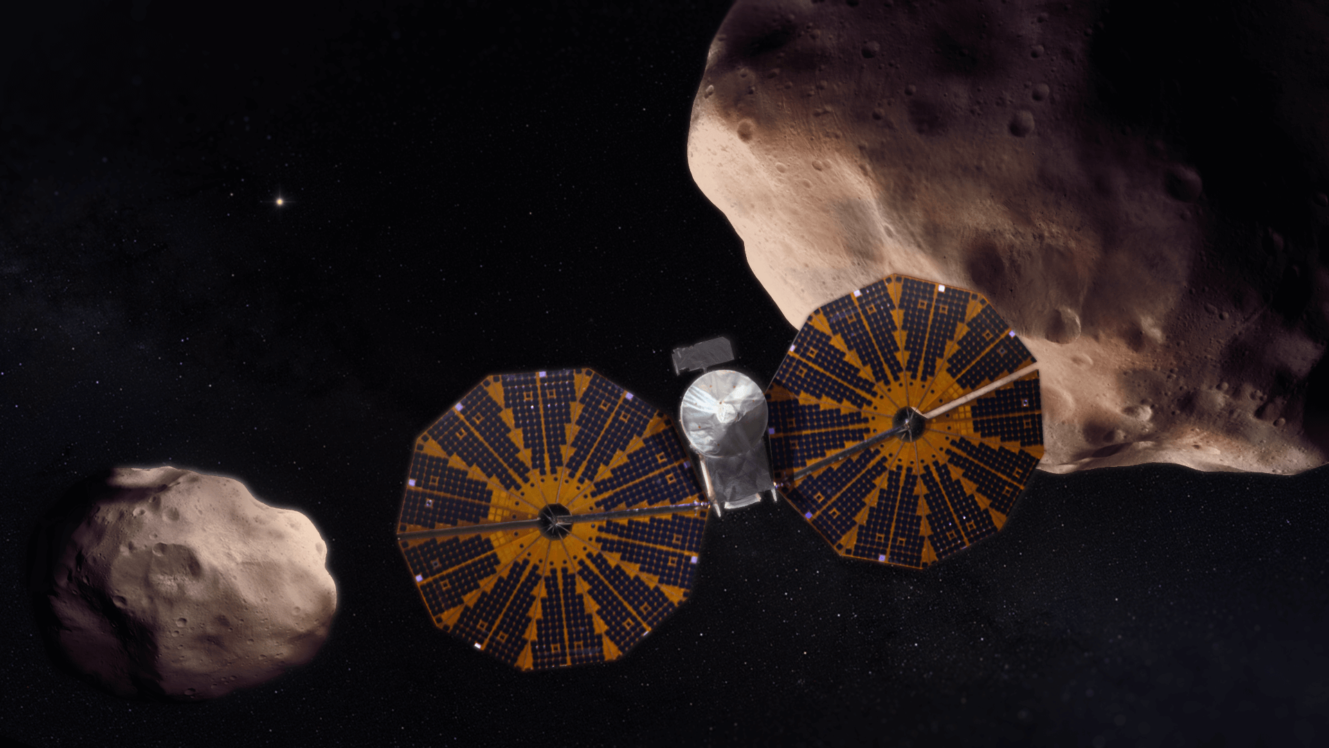 The Lucy spacecraft is on its way to Jupiter’s trojan asteroids and will visit both the “Greek” and “Trojan” camps during its mission. Credit: GSFC Conceptual Image Lab/Adriana Gutierrez