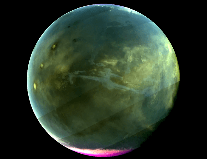 This ultraviolet image of Mars was captured by MAVEN in 2016, towards the end of its original science mission. Credit: NASA/Goddard/University of Colorado/LASP
