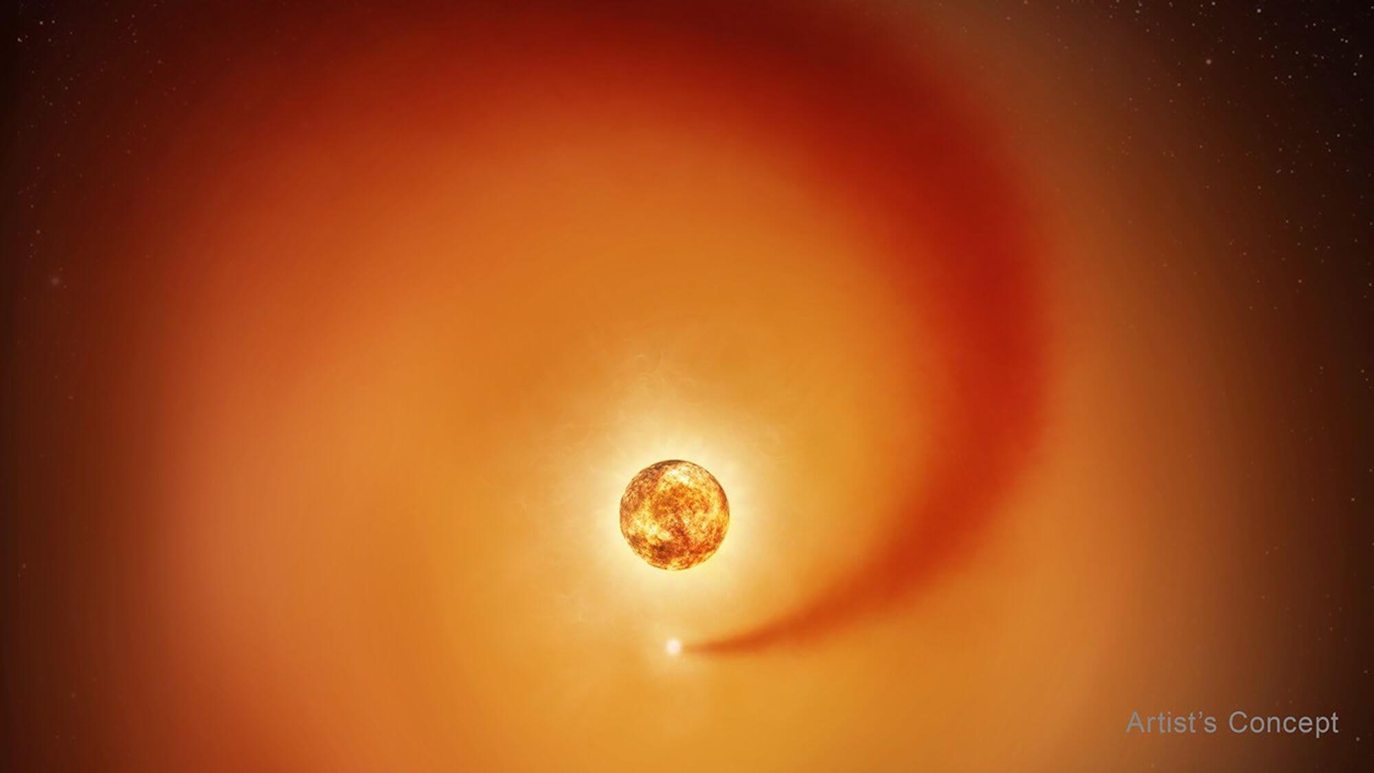 An artist’s illustration showing the recent findings from a combination of data from several observatories, including Hubble, showing the wake the companion star Siwarha is leaving through Belelgeuse’s outermost atmosphere. Credit: NASA/ESA/Elizabeth Wheatley/Andrea Dupree