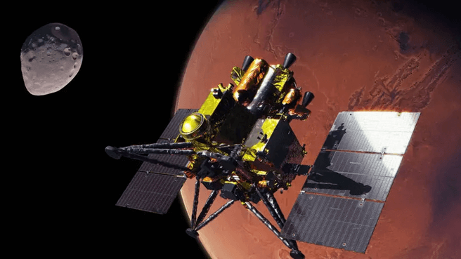 An artist’s illustration of the MMX spacecraft above Mars. Credit: JAXA