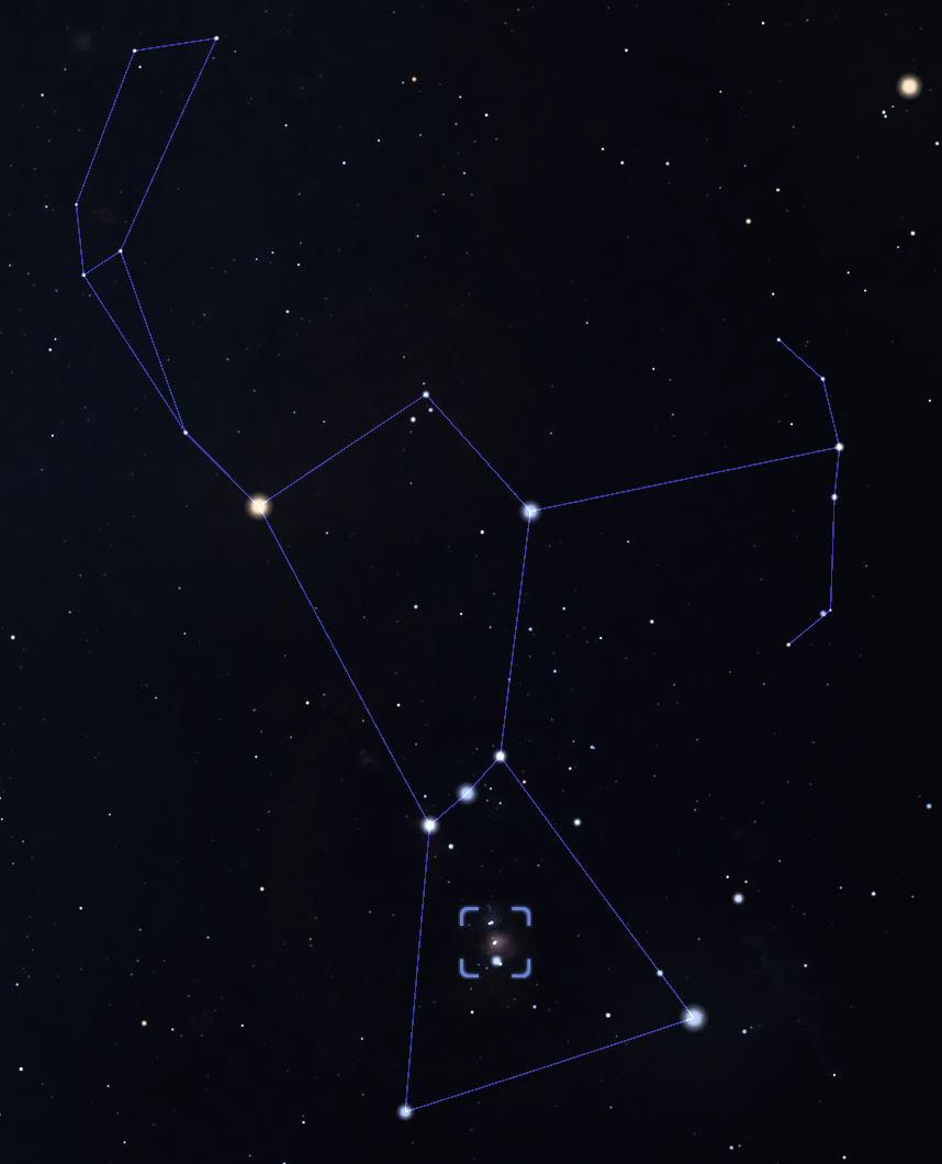 The Orion Nebula can be seen as a fuzzy patch in Orion’s sword, hanging below the famous belt. Credit: Stellarium