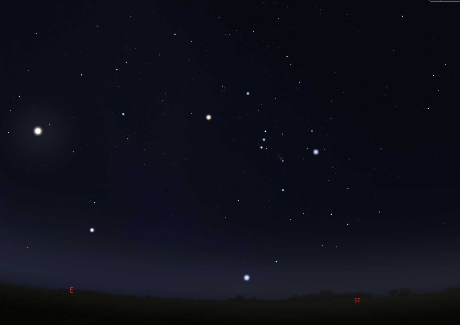 The line of three stars making up Orion’s Belt is easy to pick out in the sky. Credit: Stellarium