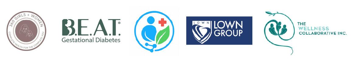 Logos for: 360 Girls + Women, B.E.A.T. Gestational Diabetes, Endo Harmony, the Lown Group, and the Wellness Collaborative Inc.