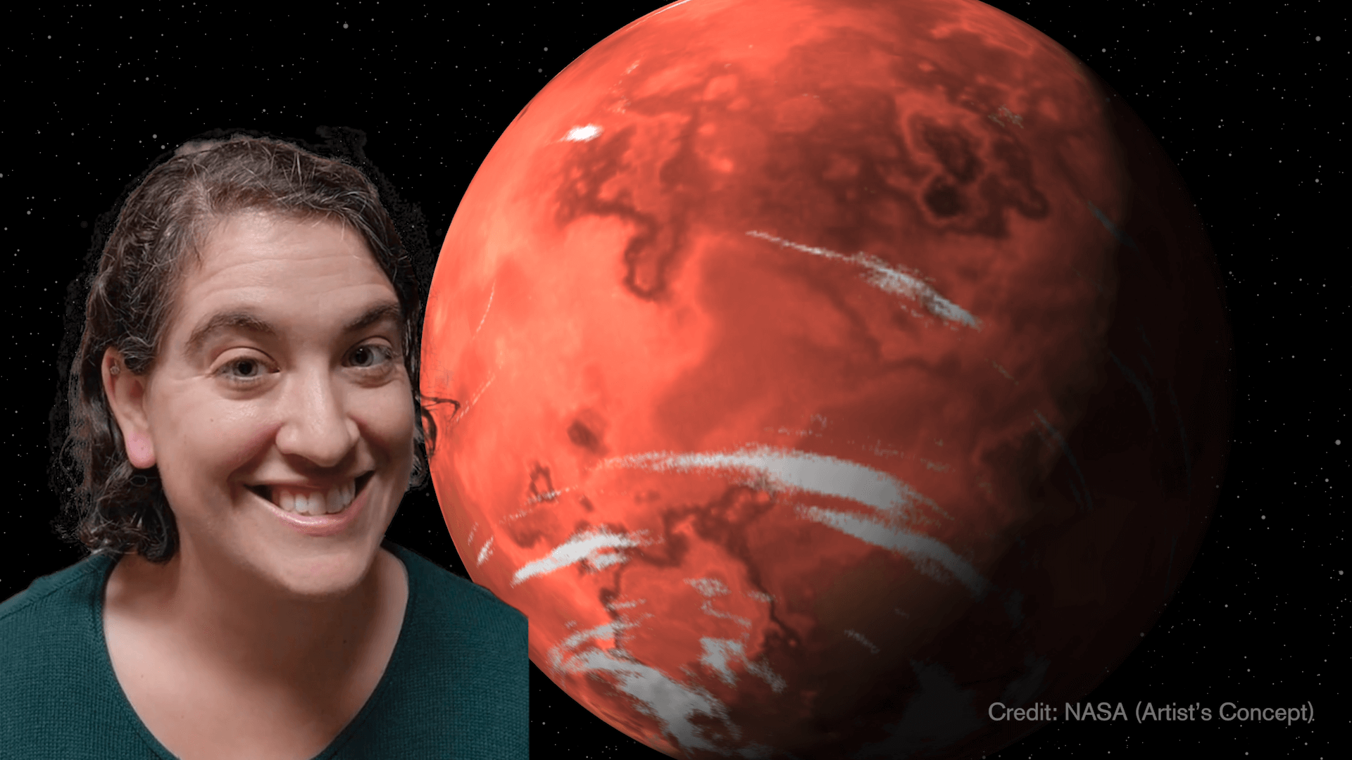 Talia smiling in front of a rendering of the backyard super-Earth.