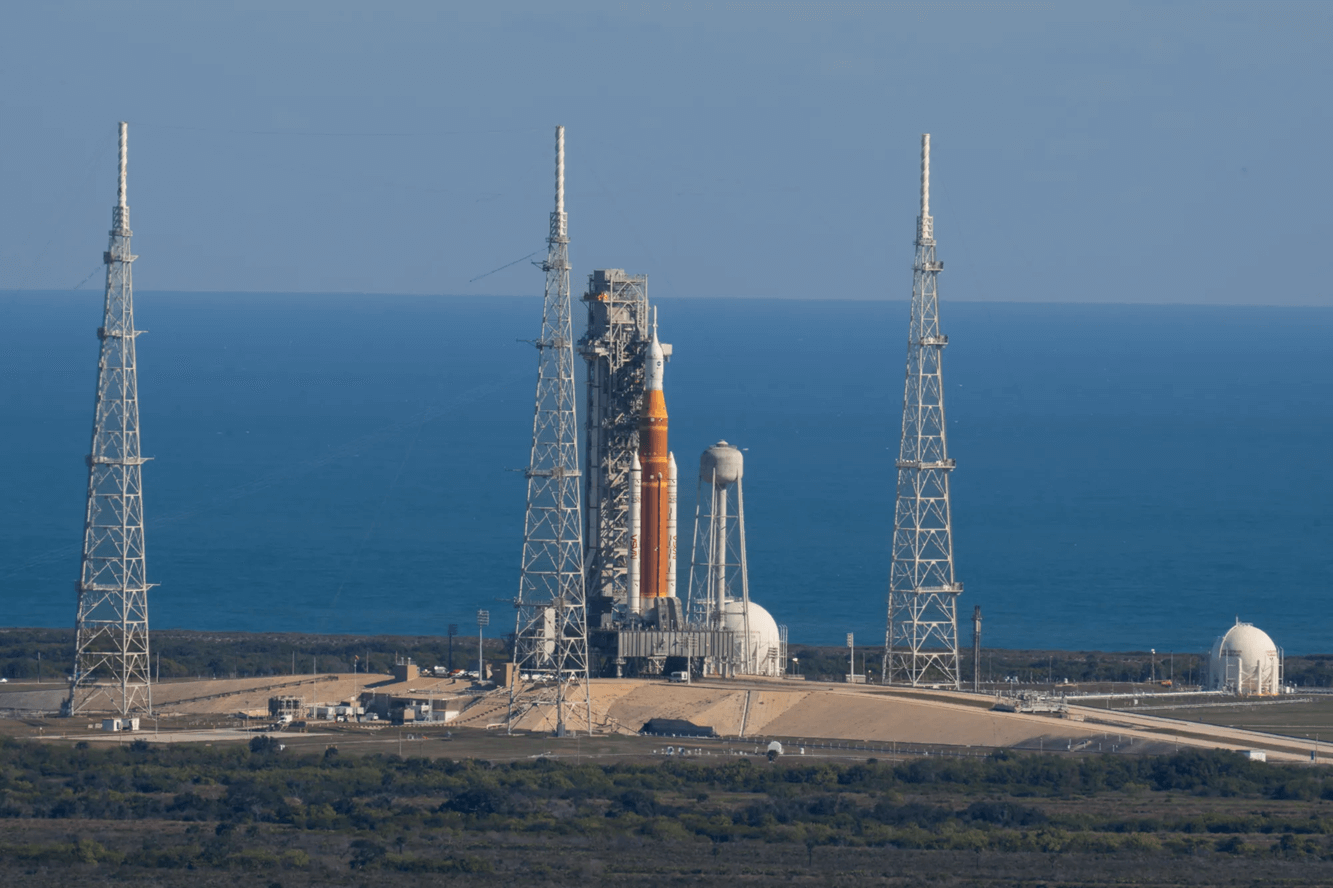 The rocket for Artemis 2 is on the launch pad. Credit: NASA/Jim Ross