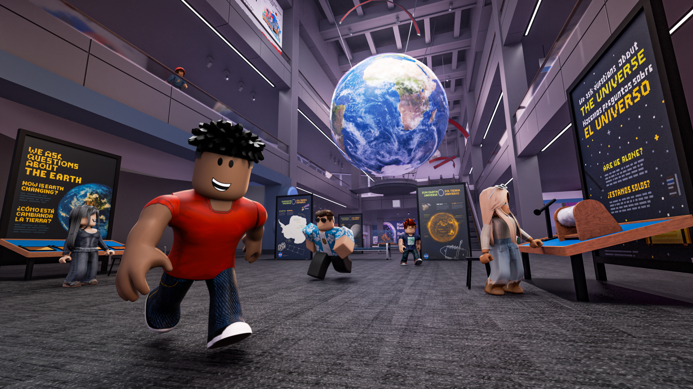 A Roblox character smiles at the viewer while running on the lower level of Blue Wing of the Museum.