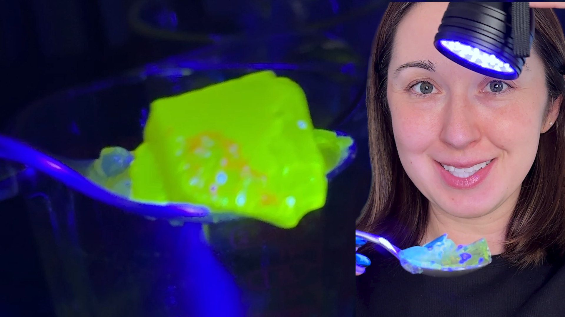 Alex Dainis with a spoonful of glowing jello.