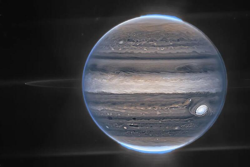 Jupiter’s very thin, faint ring is visible in this infrared image from the James Webb Space Telescope. Credit: NASA/ESA/CSA/Jupiter ERS Team/Ricardo Hueso/Judy Schmidt