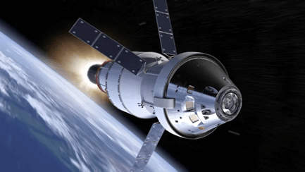 An artist’s rendition of what it might look like when Artemis 2 undergoes translunar injection—firing its engine to send it out of Earth orbit and towards the Moon. Credit: NASA