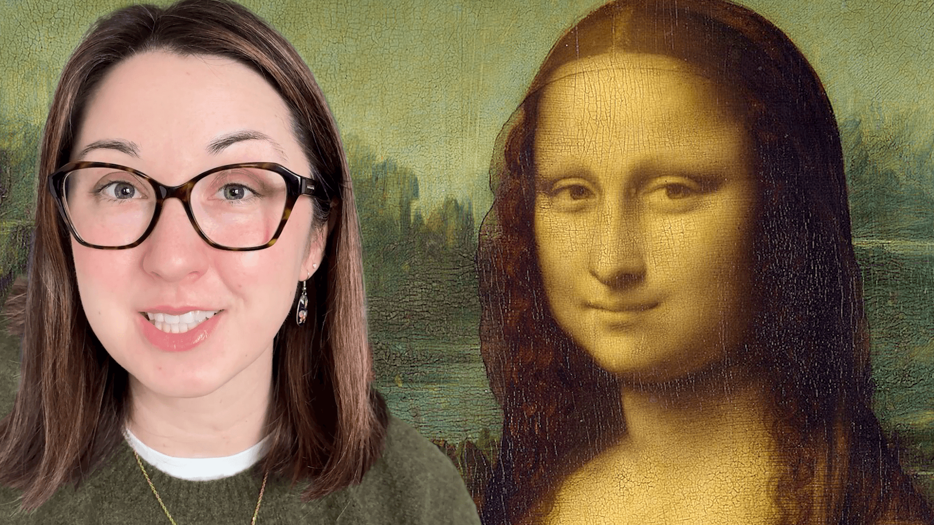 Alex Dainis next to da Vinci's Mona Lisa portrait.