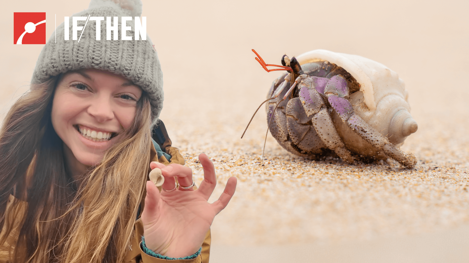The Nature Educator holds a shell in front of a close up image of a hermit crab.