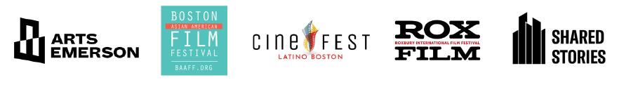 Logos for Arts Emersion, the Boston Asian American Film Festival, Cine Fest, Roxbury International Film Festival, and Shared Stories