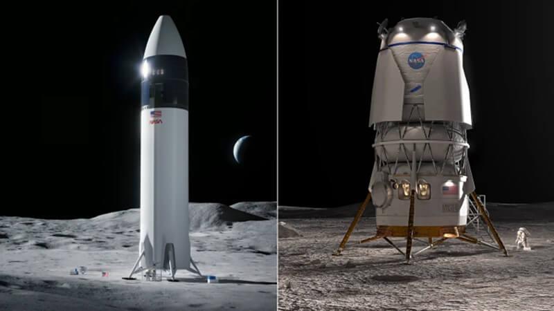 Artist’s renditions of the two human landing systems currently under development for Project Artemis, Starship (left) and Blue Moon (right). Credit: NASA
