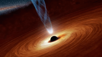 This artist’s illustration imagines an active supermassive black hole surrounded by an accretion disk and emitting a jet. Credit: NASA/JPL-Caltech
