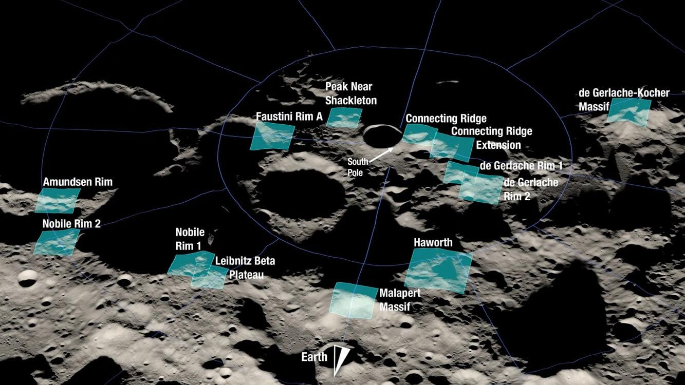 The highlighted areas mark potential landing sites for the next NASA attempt at a crewed lunar landing, now slated for Artemis 4. Credit: NASA