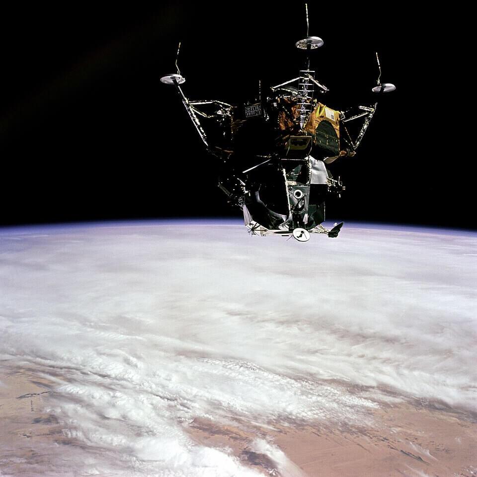 On the Apollo 9 mission the first Lunar Module to fly, named Spider, undocked from the command module (named Gumdrop) with crew aboard and flew solo for a time, proving itself capable of safely carrying humans to the lunar surface. Credit: Dave Scott/NASA