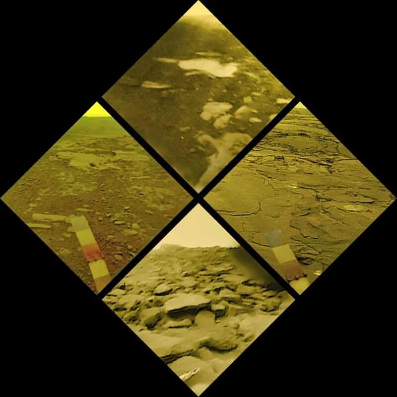 These images were sent back by various Soviet Venera spacecraft from the surface of Venus. Credit: Russian Academy of Sciences/Ted Stryk