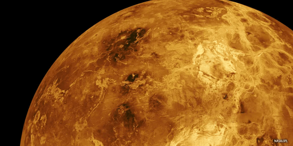 Venus looks pretty scabby without its clouds in the way, as seen in this radar map of the surface. Credit: NASA/JPL-Caltech
