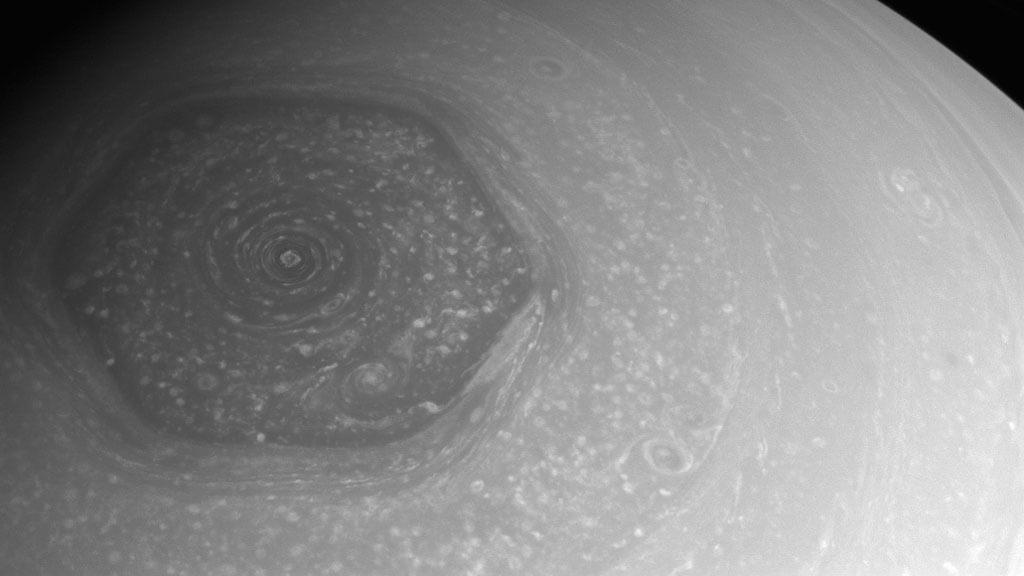 Saturn’s north pole is home to a strangely even hexagonal storm system. Credit: NASA/JPL-Caltech/Space Science Institute