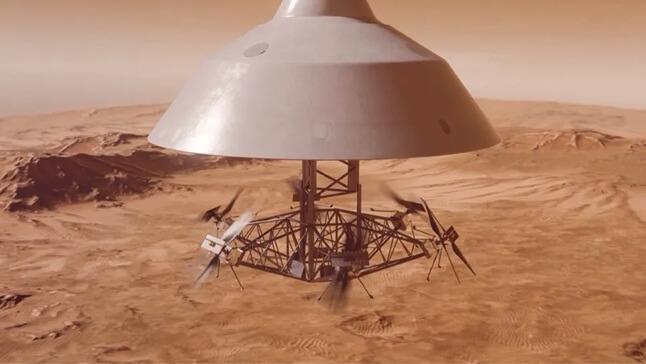 Space-Reactor 1 Freedom’s payload to Mars would be Skyfall, a trio of Ingenuity-class helicopters, as seen in this artist’s illustration. Credit: AeroVironment