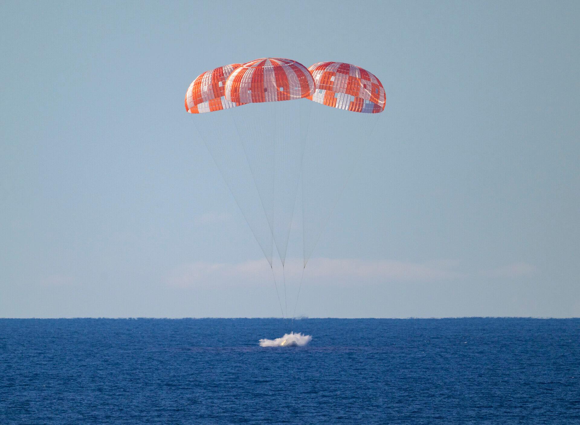 At the end of a highly successful mission, Artemis II rode three enormous parachutes to a gentle splashdown in the Pacific. Credit:NASA