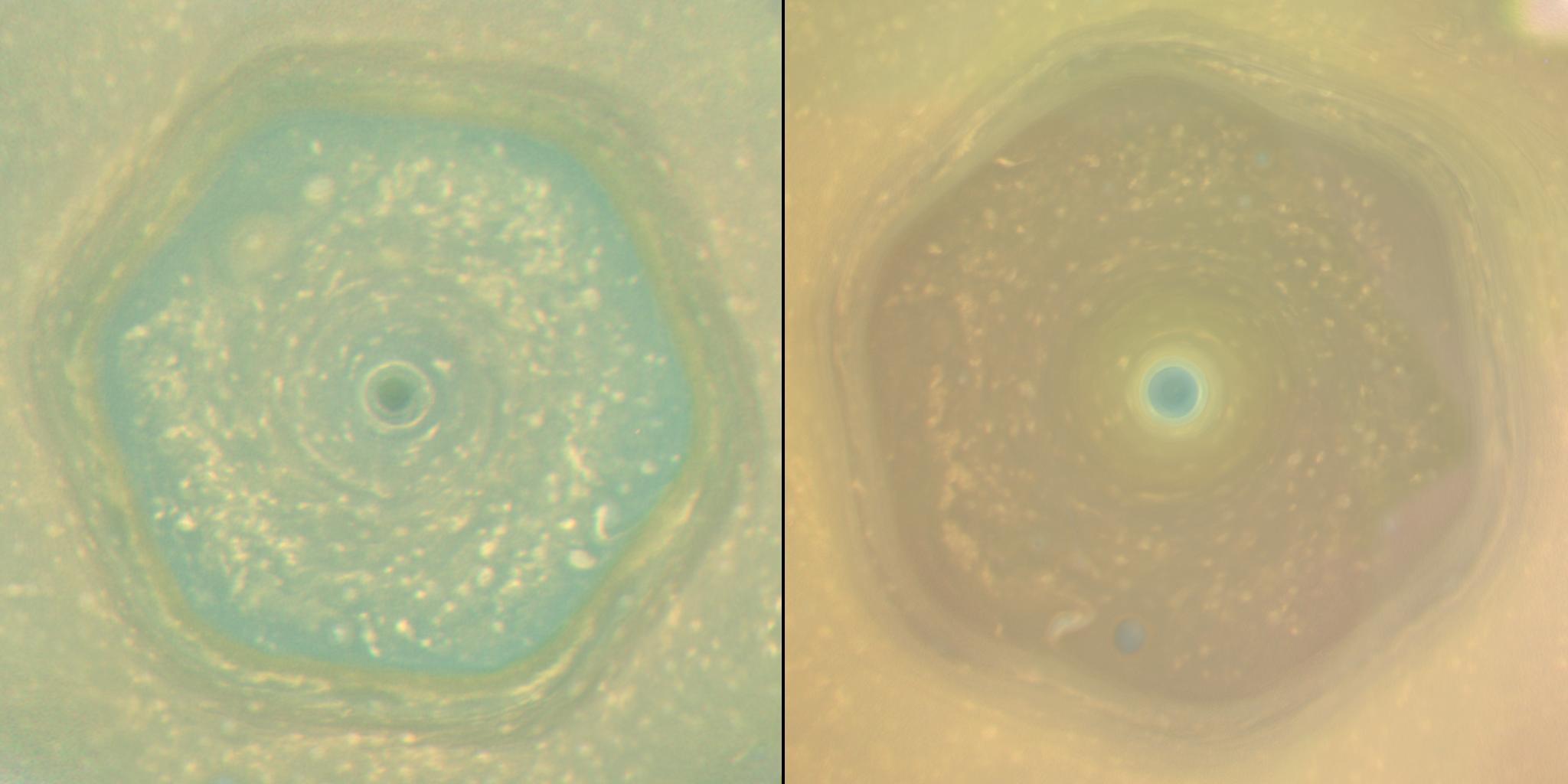 Saturn’s polar hexagon as seen in 2012 (left) and 2016 (right) having noticeably changed color. Credit: NASA/JPL-Caltech/Space Science Institute